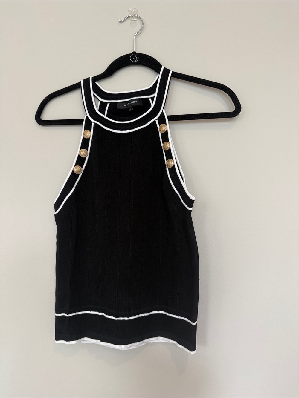 Black Sleeveless Ribbed Tank with White Trim and Gold Buttons